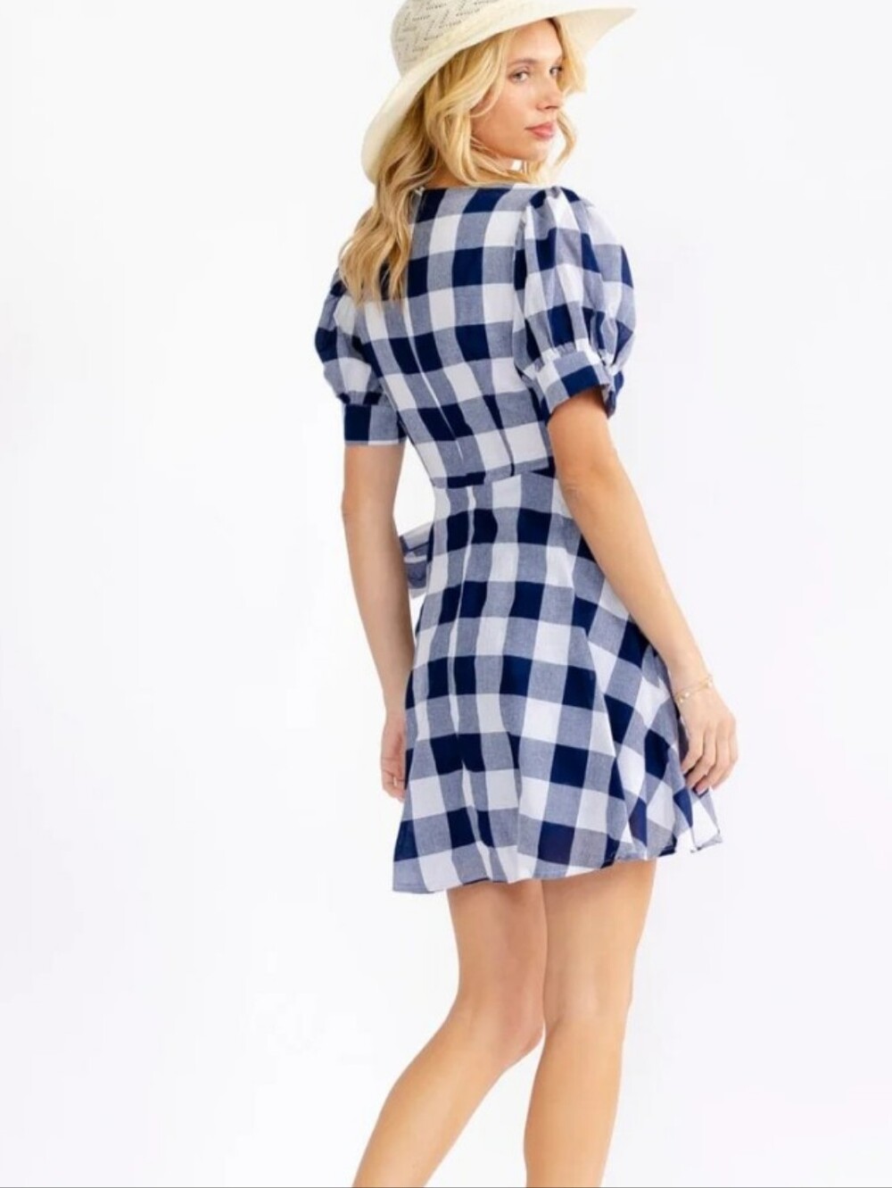 Blue & White Gingham Wrap Dress New - Picture 2 of 2